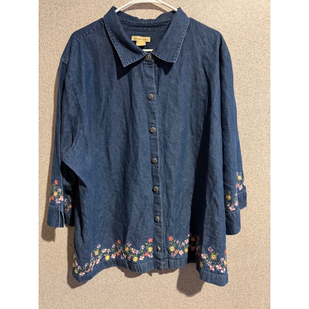 Bechamel Woman Denim Floral Embroidered Button Down Shirt Blue Cotton Plus 3X